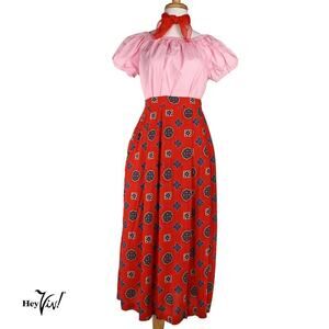 Vintage Chaus Skirt Red Rayon Print w Pocket Made in Japan Size L /16 - Hey Viv